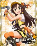  bare_shulders brown_hair character_name dress green_eyes happy himekawa_yuki idolmaster idolmaster_cinderella_girls long_hair microphone skirt stars visor 