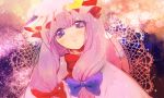  1girl bangs big_hair blue_bow blunt_bangs blush bow bowtie bust doily gradient gradient_background hair_bow hat head_tilt long_hair looking_at_viewer mob_cap patchouli_knowledge purple_hair red_bow smile solo sugatang touhou violet_eyes 