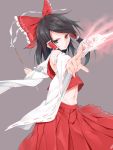  1girl between_fingers black_hair bow detached_sleeves foreshortening ginopi gohei grey_background hair_bow hair_tubes hakurei_reimu long_hair long_sleeves navel ofuda outstretched_arms pleated_skirt red_bow red_eyes red_skirt serious simple_background skirt skirt_set spread_arms touhou wide_sleeves yin_yang 
