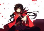  1girl black_hair grey_eyes highres hooded_cloak min_(120716) outstretched_arm petals reaching ruby_rose rwby sketch solo 