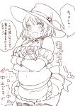  1girl :d apron belly blush breasts candy cleavage detached_sleeves halloween hat hat_ornament idolmaster idolmaster_cinderella_girls jack-o&#039;-lantern lineart lollipop midriff mimura_kanako monochrome navel open_mouth plump puffy_detached_sleeves puffy_sleeves short_hair smile solo sumeragi_kohaku sweatdrop thigh-highs waist_apron witch_hat 
