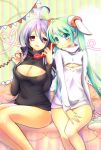  2girls ahoge animal_ears breasts cleavage corded_phone flat_chest green_eyes green_hair hatsune_miku long_hair looking_at_viewer maronie. multiple_girls no_pants open-chest_sweater phone pink_eyes purple_hair sheep_ears sitting smile striped striped_background sweater twintails very_long_hair vocaloid yowane_haku 