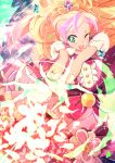  1girl ;d blonde_hair bow cure_flora dress earrings gloves go!_princess_precure green_eyes haruno_haruka jewelry long_hair magic magical_girl mode_elegant_(go!_princess_precure) motoki_(hisano_motoki) multicolored_hair one_eye_closed open_mouth petals pink_hair precure puffy_short_sleeves puffy_sleeves short_sleeves smile solo streaked_hair two-tone_hair 