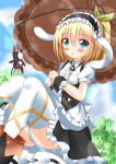  1girl blonde_hair blue_eyes blush cosplay edna_(tales) gochuumon_wa_usagi_desu_ka? highres kirima_sharo kirima_sharo_(cosplay) short_hair side_ponytail tales_of_(series) tales_of_zestiria umbrella waitress zenon_(for_achieve) 