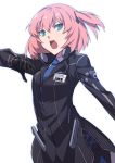  1girl black_gloves blue_eyes closers gloves highres open_mouth pink_hair seulbi_lee short_hair simple_background solo supernew white_background 