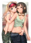  2girls bare_arms belt bikini_top black_hair blonde_hair blue_eyes breasts brown_eyes camouflage camouflage_pants cleavage fang goggles goggles_around_neck hand_in_pocket hat highres holding hug long_hair looking_at_viewer masami_chie midriff multiple_girls navel open_mouth original pants short_hair smile tank_top tied_shirt twintails wrench 
