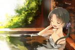  1girl ayanami_(kantai_collection) bath black_hair chig_(mizusaki) closed_eyes hair_ornament hand_on_own_head kantai_collection onsen open_mouth side_ponytail solo twitter_username 