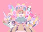  arms_up bob_cut bow building gamagoori_ira guitar guts_(kill_la_kill) hair_bow highres instrument jakuzure_nonon junketsu kill_la_kill kiryuuin_satsuki mankanshoku_mako maracas matoi_ryuuko milliebell one_eye_closed pink_background senketsu short_hair skirt striped striped_legwear trumpet tuba vertical-striped_legwear vertical_stripes 