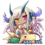  &gt;:&lt; 1girl :&lt; blush breasts claws cleavage dark_skin draggie_(p&amp;d) dragon_girl dragon_horns dragon_tail dragon_wings facial_mark heterochromia horns light_brown_hair long_hair naturalton puzzle_&amp;_dragons scales simple_background sitting solo sonia_gran tail violet_eyes white_background wings yellow_eyes 