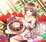  1girl box breasts brown_eyes brown_hair cake cleavage dress food fruit gift gift_box happy_birthday highres holding looking_at_viewer off_shoulder original sitting smile solo strawberry thighs wariza wsman 