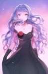  1girl bare_shoulders black_dress black_gloves breasts brown_eyes cleavage dress flower gloves hairband idolmaster jewelry lavender_hair long_hair looking_at_viewer mimizubare necklace shijou_takane sky smile solo 