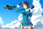  1girl black_gloves black_hair black_legwear blue_sky breasts clouds garter_straps gloves highres kantai_collection long_sleeves red_eyes seaplane short_hair signature sky takao_(kantai_collection) tbd11 thigh-highs uniform 