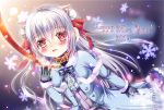 1girl 2015 animal_ears blush collar gloves happy_new_year highres leash long_hair new_year original red_eyes silver_hair smile snowflakes solo 