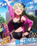  ^_^ arm_up armpits bare_shoulders blue_sky breasts character_name closed_eyes clouds dancing earrings green_hair idolmaster idolmaster_million_live! jewelry navel necklace official_art open_mouth shimabara_elena shorts sky smile solo_focus wristband 