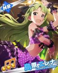  1girl :d ahoge aqua_eyes bare_shoulders character_name dancing green_hair hairband idolmaster idolmaster_million_live! long_hair looking_at_viewer navel official_art open_mouth shimabara_elena skirt smile solo sweat wristband 