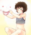  1girl bare_shoulders black_hair blush bottomless camisole crop_top green_eyes holding holding_panties indian_style looking_away meitantei_conan navel panties print_panties roino sera_masumi short_hair sitting sleeveless underwear wavy_mouth yellow_background 