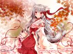  1girl animal_ears blush bow fox_ears fox_tail frills hair_bow hair_ribbon hakama japanese_clothes lolita_fashion long_hair looking_at_viewer nogi_takayoshi original red_eyes ribbon silver_hair solo tail wa_lolita 