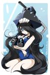  1girl black_hair blue_eyes breasts collarbone hair_over_one_eye hat kaisanbutsu kantai_collection large_breasts long_hair name_tag one-piece_swimsuit school_swimsuit shinkaisei-kan so-class_submarine solo swimsuit turret twitter_username very_long_hair white_skin 