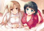  2girls asuna_(sao) black_hair breasts brown_eyes brown_hair cleavage green_eyes kirigaya_suguha long_hair lying multiple_girls on_stomach open-chest_sweater pajamas ribbed_sweater short_hair sousouman sweater sword_art_online 