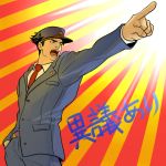  1boy black_hair formal gyakuten_saiban hat jojo_no_kimyou_na_bouken kilva_lollop kuujou_joutarou naruhodou_ryuuichi naruhodou_ryuuichi_(cosplay) objection parody pointing suit 