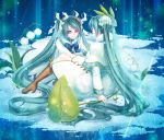  2girls aqua_eyes aqua_hair boots calne_ca giant_leaf hair_ribbon hatsune_miku heterochromia high_heels highres isopod knee_boots long_hair misa_kobayashi multiple_girls red_eyes ribbon sitting snow twintails very_long_hair vocaloid yuki_miku 