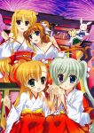  4girls :d :o absurdres asteion blonde_hair blue_eyes blush breasts cleavage einhart_stratos fate_testarossa fireworks fujima_takuya green_eyes green_hair heterochromia highres huge_filesize japanese_clothes long_hair lyrical_nanoha mahou_shoujo_lyrical_nanoha_vivid miko multiple_girls off_shoulder official_art open_mouth orange_hair red_eyes sacred_heart side_ponytail smile sparkler stuffed_animal stuffed_bunny stuffed_cat stuffed_toy takamachi_nanoha torii twintails violet_eyes vivio 