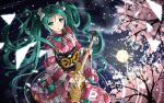  1girl cherry_blossoms electric_guitar full_moon green_eyes green_hair guitar hatsune_miku highres instrument japanese_clothes kimono long_hair looking_at_viewer moon neo-masterpeacer obi open_mouth reflection sash solo tree twintails very_long_hair vocaloid 