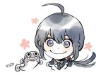  1boy ahoge black_hair bust catfish face fish long_hair looking_at_viewer male_focus mizuhara_aki namazuo_toushirou necktie object_namesake smile solo touken_ranbu violet_eyes white_background 