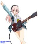  1girl blush breasts electric_guitar guitar headphones highres instrument large_breasts long_hair looking_at_viewer nitro+_blasterz nitroplus official_art open_mouth pink_eyes pink_hair pom_pom_(clothes) skirt smile solo super_sonico 