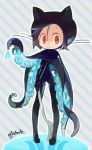  1boy amiami animal_ears black_hair bodysuit capelet cat_ears female fork humanization octocat red_eyes short_hair simple_background smile solo tentacles 