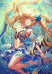  1girl arm_behind_head armlet atdan bare_shoulders blonde_hair blue_eyes breasts cleavage detached_sleeves floating floating_hair flower hair_flower hair_ornament head_fins land_of_caromag long_hair looking_at_viewer midriff official_art original outstretched_arm smile solo submerged twintails underwater water 