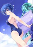  1girl ass bare_shoulders blue_eyes blue_hair blue_sky breasts from_below grin leg_up mutou_kurihito nontraditional_school_swimsuit school_swimsuit short_hair sideboob sky smile solo swimsuit tokyo_7th_sisters undressing wading 