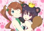  2girls ;) animal_ears aqua_eyes bare_shoulders bear_ears bear_paws bob_cut bowtie breasts brown_hair cleavage crown detached_collar fang gedou_(ge_ge_gedou) green_bow large_breasts long_hair looking_at_viewer maid_headdress multiple_girls one_eye_closed open_mouth paws purple_hair short_hair sleeveless smile twintails violet_eyes yuri_kuma_arashi yurigasaki_lulu yurishiro_ginko 