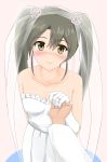  1girl bare_shoulders blush bridal_veil brown_eyes dress flower gloves grey_hair hair_flower hair_ornament holding_hands jewelry kantai_collection looking_at_viewer nuppunuppu pov_hands ring smile solo_focus strapless_dress veil wedding_band wedding_dress white_dress white_gloves zuikaku_(kantai_collection) 