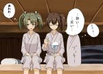  3girls alternate_costume amzie blush brown_hair closed_eyes cushion food fubuki_(kantai_collection) highres ice_cream japanese_clothes kaga_(kantai_collection) kantai_collection looking_away multiple_girls short_sidetail spoon translated twintails zuikaku_(kantai_collection) 