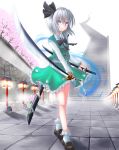  1girl blue_eyes cherry_blossoms dual_wielding hair_ribbon hairband highres katana konpaku_youmu konpaku_youmu_(ghost) lantern revision ribbon silver_hair solo stairway stone_lantern sword touhou weapon wy-nn 