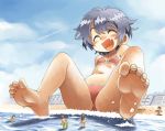  1girl barefoot beach bikini fang giantess oyatsu_(mk2) short_hair soles swimsuit toes 