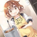  1girl apron brown_eyes brown_hair curry darkside fang food hair_ornament hairclip ikazuchi_(kantai_collection) kantai_collection long_hair open_mouth saucer school_uniform serafuku short_hair sleeves_pushed_up smile solo 