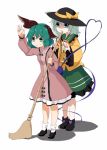  2girls :3 ameyu animal_ears bamboo_broom behind_back blouse boots bow broom commentary_request diamond_(shape) dog_ears dress frilled_skirt frilled_sleeves frills green_eyes green_hair green_skirt hands_up hat hat_bow kasodani_kyouko komeiji_koishi long_sleeves multiple_girls pink_dress shaded_face shoes short_hair simple_background skirt small_breasts sneaking socks standing sweatdrop touhou wavy_mouth white_background 