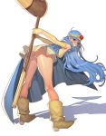  1girl aruterra ass bare_shoulders blue_hair brown_eyes circlet dragon_quest dragon_quest_iii elbow_gloves gloves highres long_hair panties sage_(dq3) shadow simple_background solo staff thighs underwear very_long_hair white_background white_panties 