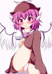  1girl brown_legwear hat highres mystia_lorelei panties pink_eyes pink_hair pink_panties short_hair simple_background sitting solo thigh-highs touhou underwear white_background white_panties wings yakumo_nanahara 