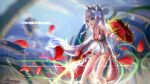  1girl blue_eyes breasts cleavage dress dungeon_and_fighter long_hair ponytail purple_hair sheild solo sword thigh_strap wangchuan_de_quanyan weapon 