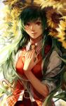  1girl ascot belt earrings fancybetty flower green_hair hand_on_own_chest jewelry kazami_yuuka kazami_yuuka_(pc-98) light_smile long_hair looking_at_viewer open_clothes open_vest red_eyes shirt skirt skirt_set smile solo sunflower touhou touhou_(pc-98) very_long_hair vest 