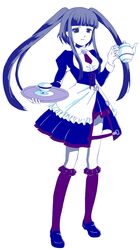  1girl alternate_costume blue_eyes blue_hair cup enmaided furudo_erika highres ichigo_kocha juliet_sleeves kneehighs long_sleeves maid puffy_sleeves red_legwear teacup teapot tray twintails umineko_no_naku_koro_ni 