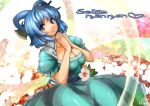  1girl artist_name blue_dress blue_eyes blue_hair breasts character_name cleavage collarbone dress floral_background flower frilled_dress frills hair_ornament hair_stick hands_clasped heart kaku_seiga large_breasts puffy_short_sleeves puffy_sleeves shawl short_sleeves solo tagme touhou umigarasu_(kitsune1963) 