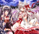  2girls animal_ears black_hair bow cherry_blossoms fox_ears fox_tail hair_bow hair_ribbon japanese_clothes kimono lolita_fashion maid_headdress miko multiple_girls nogi_takayoshi original panties pantyshot petals red_eyes ribbon short_kimono silver_hair smile tail underwear violet_eyes wa_lolita wa_maid 