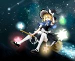  1girl :d apron blonde_hair braid broom broom_riding capelet collared_shirt hat highres holding holding_hat kirisame_marisa long_hair mary_janes mountain night night_sky open_mouth panties shoes shooting_star single_braid sky smile solo star star_(sky) starry_sky tendo_(zhazhatiantong) thigh-highs touhou underwear vest white_legwear white_panties witch_hat yellow_eyes 