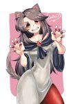  animal_ears brooch brown_hair check_commentary collarbone commentary_request gao grin highres imaizumi_kagerou jewelry long_sleeves red_eyes shirt skirt smile tail toa_(kitakaze_setsuna) touhou werewolf wide_sleeves wolf_ears wolf_tail 