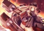  1girl bare_shoulders bismarck_(kantai_collection) black_panties blonde_hair blue_eyes brown_gloves cannon detached_sleeves gloves hat kantai_collection long_hair machinery military military_uniform no_pants non_(nobu) panties sailor_hat shirt smile solo underwear uniform very_long_hair 