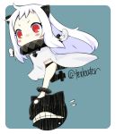  1girl ahoge blush_stickers covered_mouth horns ishimari kantai_collection long_hair looking_at_viewer mittens northern_ocean_hime outstretched_arms red_eyes shinkaisei-kan spread_arms twitter_username white_hair white_skin 